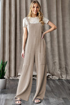 Parchment Ribbed Knit Patched Pocket Wide Leg Overalls- Women