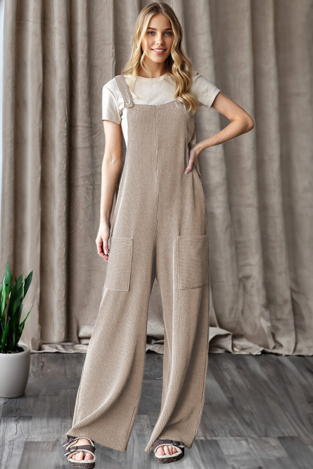 Parchment Ribbed Knit Patched Pocket Wide Leg Overalls- Women