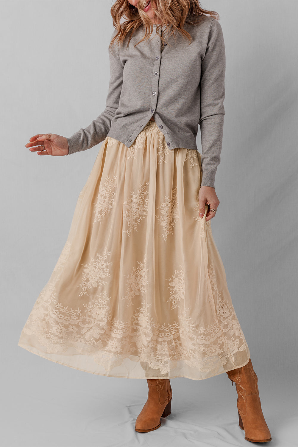 Oatmeal Embroidered Mesh Overlay Flowy Long Skirt- Women