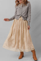 Oatmeal Embroidered Mesh Overlay Flowy Long Skirt- Women
