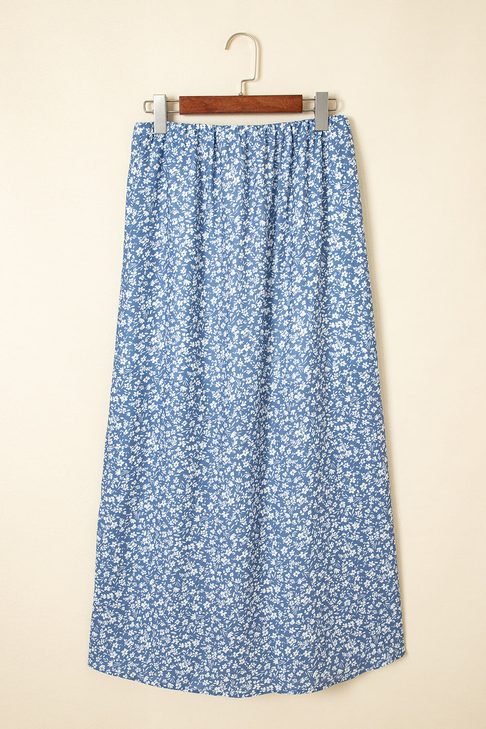 Sky Blue Boho Floral High Waist Long Skirt with Side Split- Women