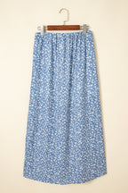 Sky Blue Boho Floral High Waist Long Skirt with Side Split- Women