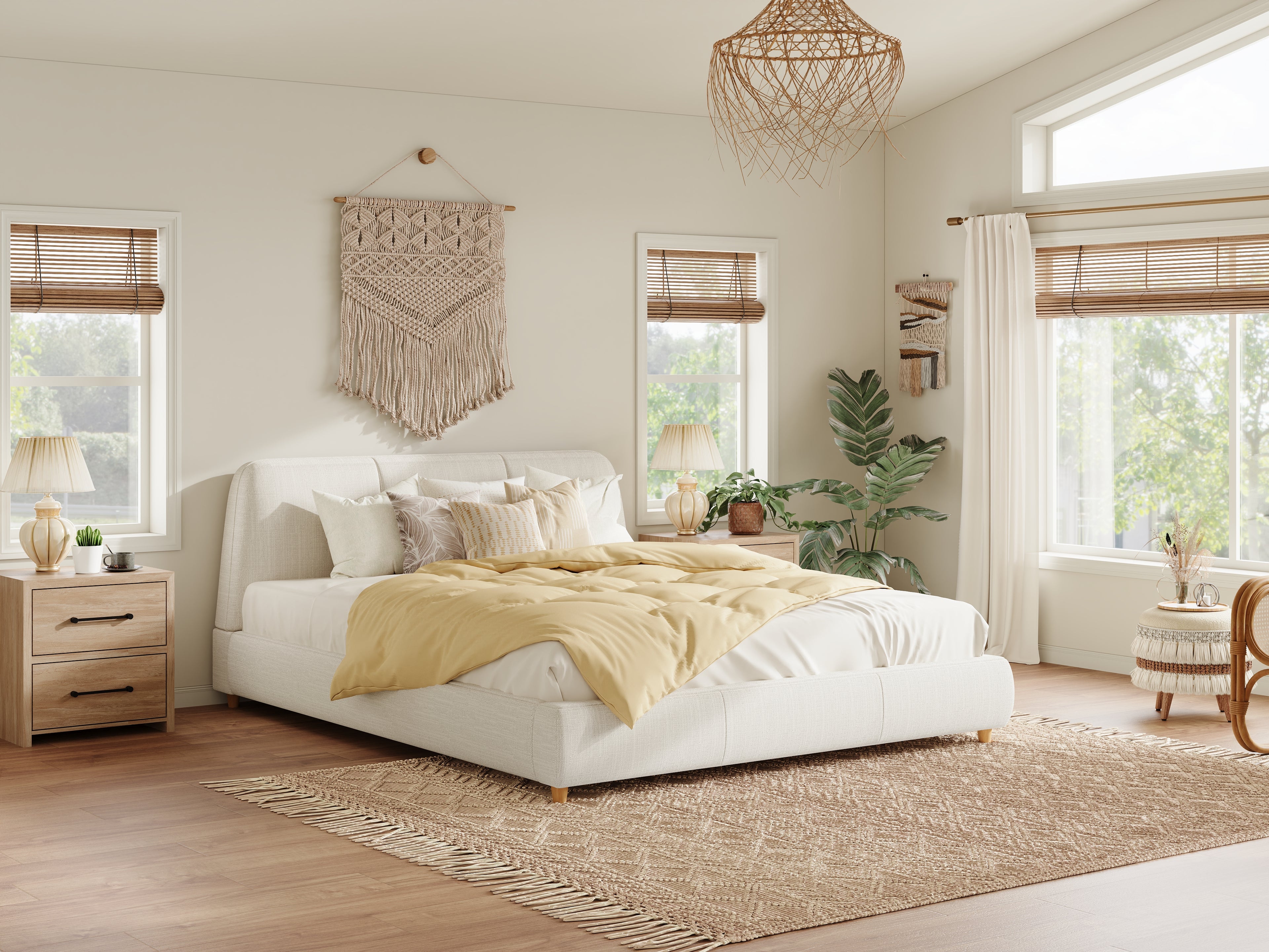 Queen Size Modern Upholstered Bed Frame with Linen Fabric and Solid Wood Legs, White