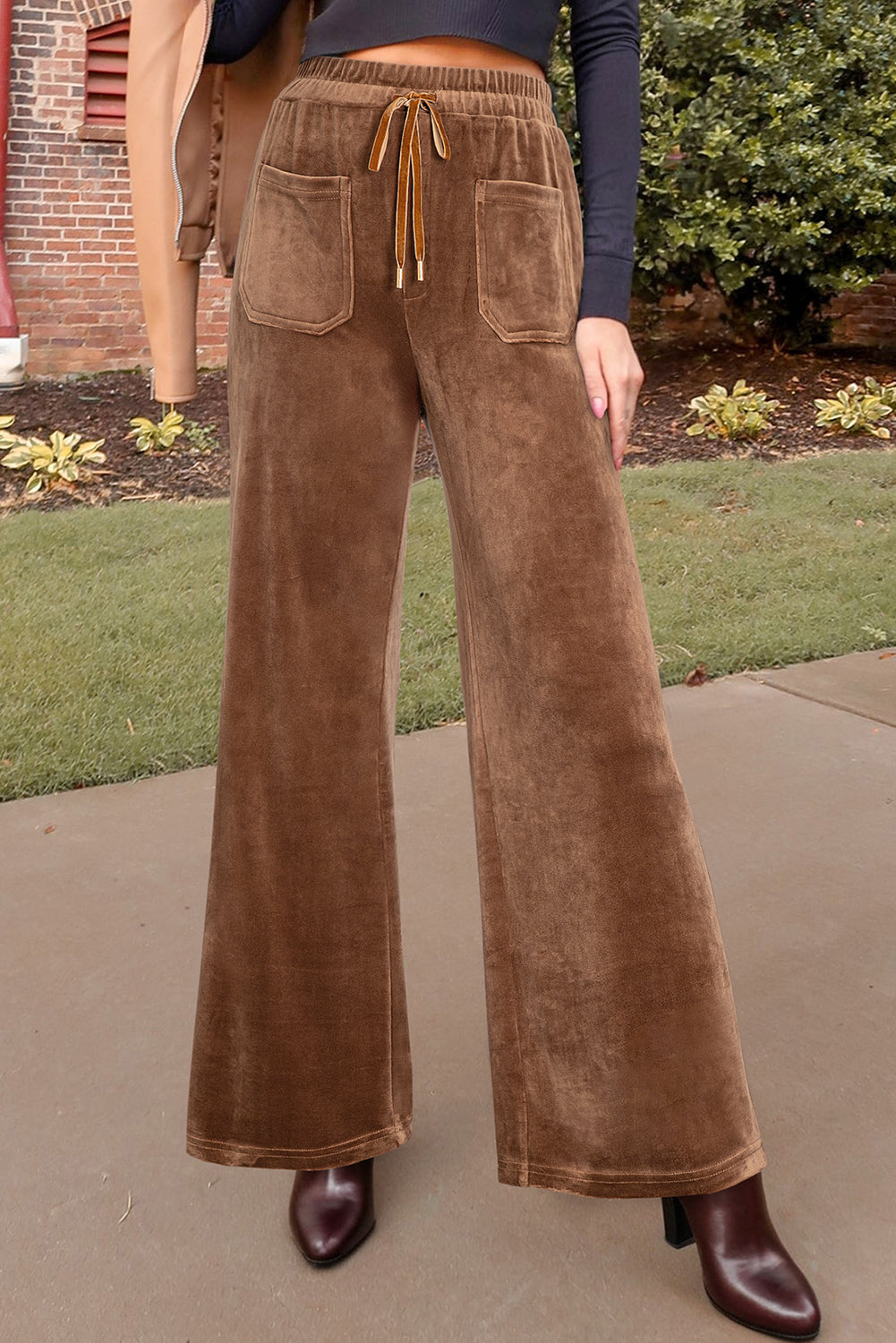 Coffee Straight Loose Drawstring Elastic High Waist Fleece Pants- Women Coffee 95%Polyester+5%Elastane