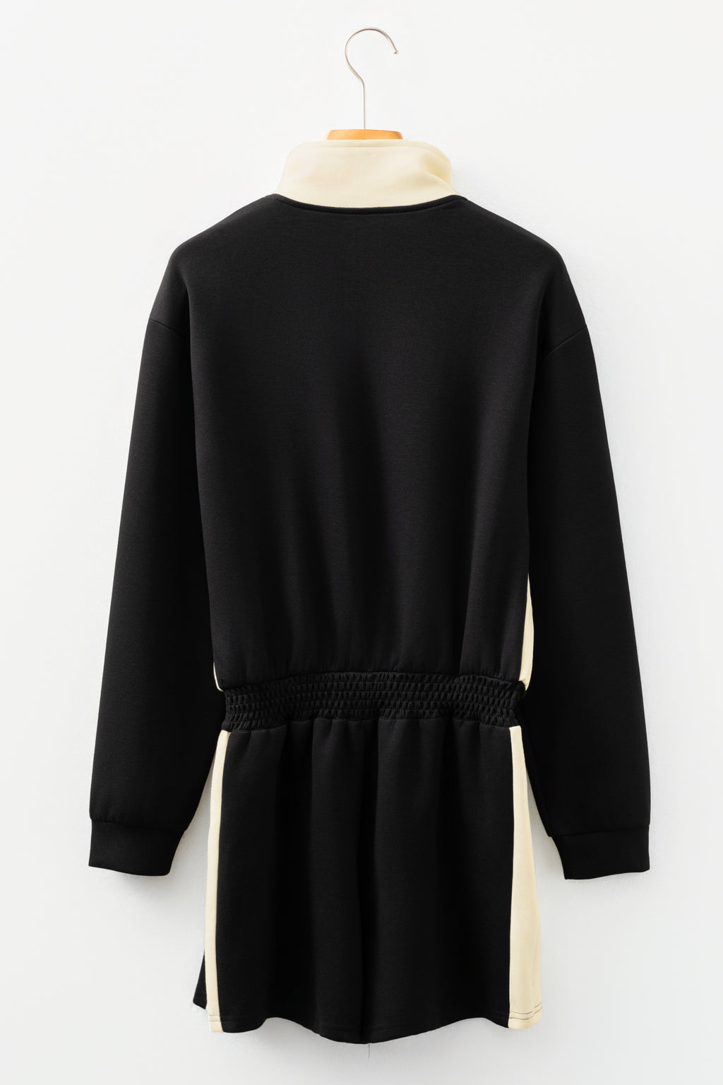 Black Two-tone Long Sleeve Zipped Front Casual Romper- Women