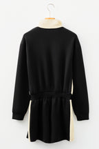 Black Two-tone Long Sleeve Zipped Front Casual Romper- Women