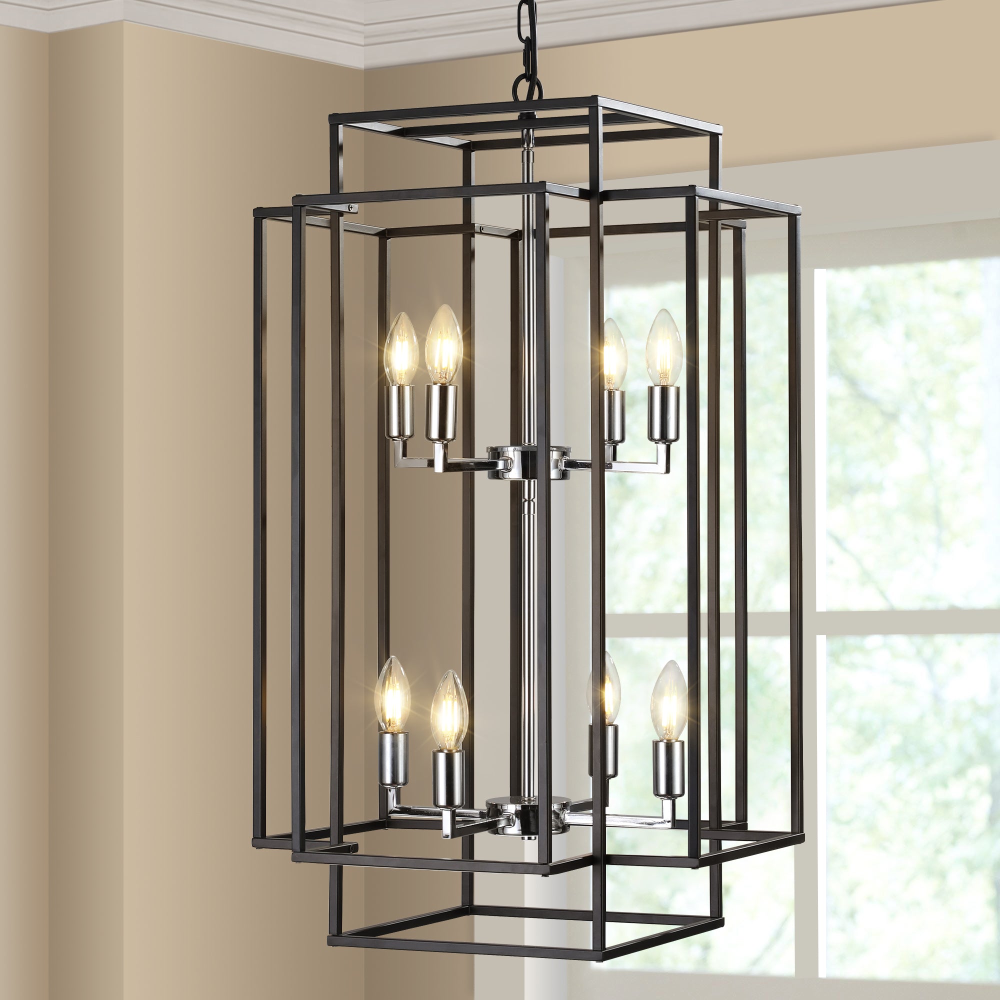 (Same as W1340142525/L1018-C) 18' Modern 8-Light Black & Chrome Geometric Pendant Chandelier, Industrial Metal Frame, Adjustable Hanging Light for Living Room, Dining Room, Kitchen (No Bulbs) Default