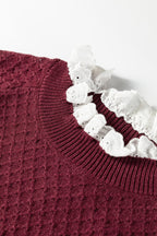 Burgundy Contrast Lace Frilled Trim Raglan Sleeve Sweater- Women