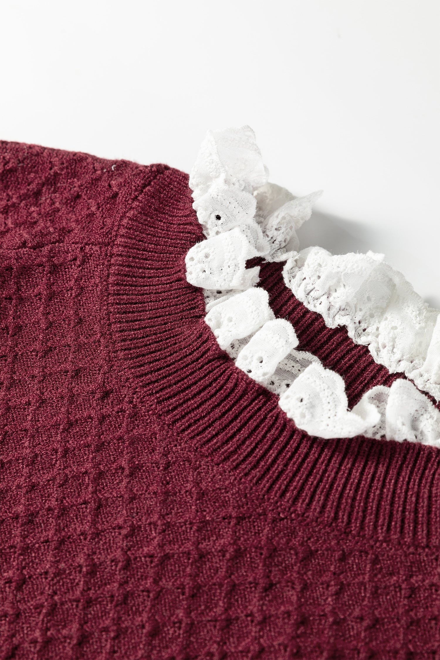 Burgundy Contrast Lace Frilled Trim Raglan Sleeve Sweater- Women