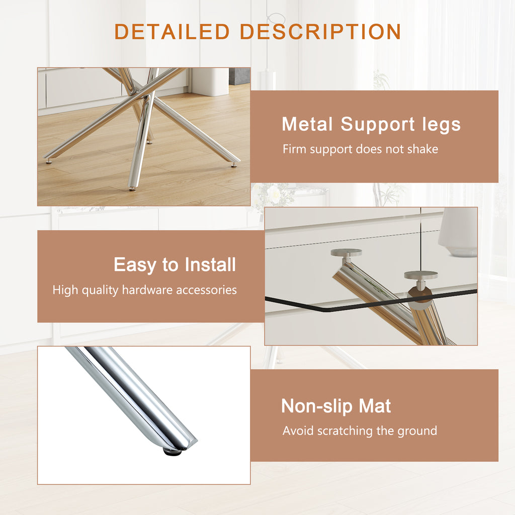 Large Modern Minimalist Rectangular Glass Dining Table with 0.39' Tempered Glass Tabletop and Silver Chrome Metal Legs, for Kitchen Dining Living Meeting Room Banquet hall,63''x35''x 29''W1151S00191