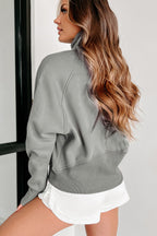 Gray Fleece Lined Zip Up Stand Collar Thumbhole Sleeve Sweatshirt- Women