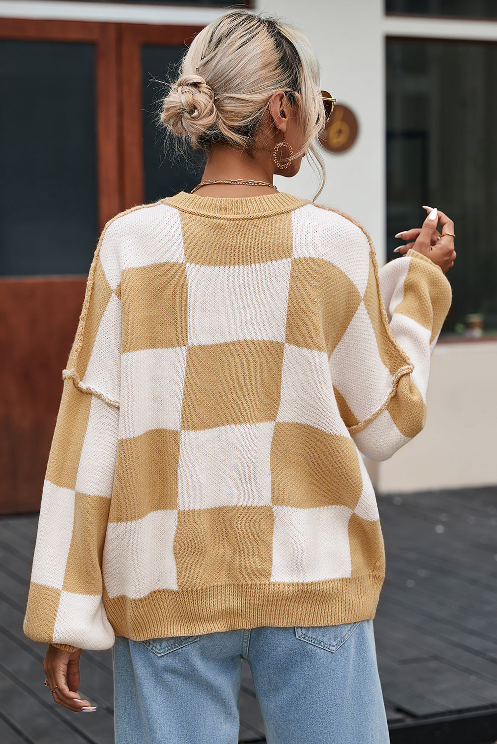 Khaki Checkered Bishop Sleeve Sweater- Women