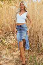 Dearlove Myosotis Irregular Distressed Bottom Denim Midi Skirt- Women