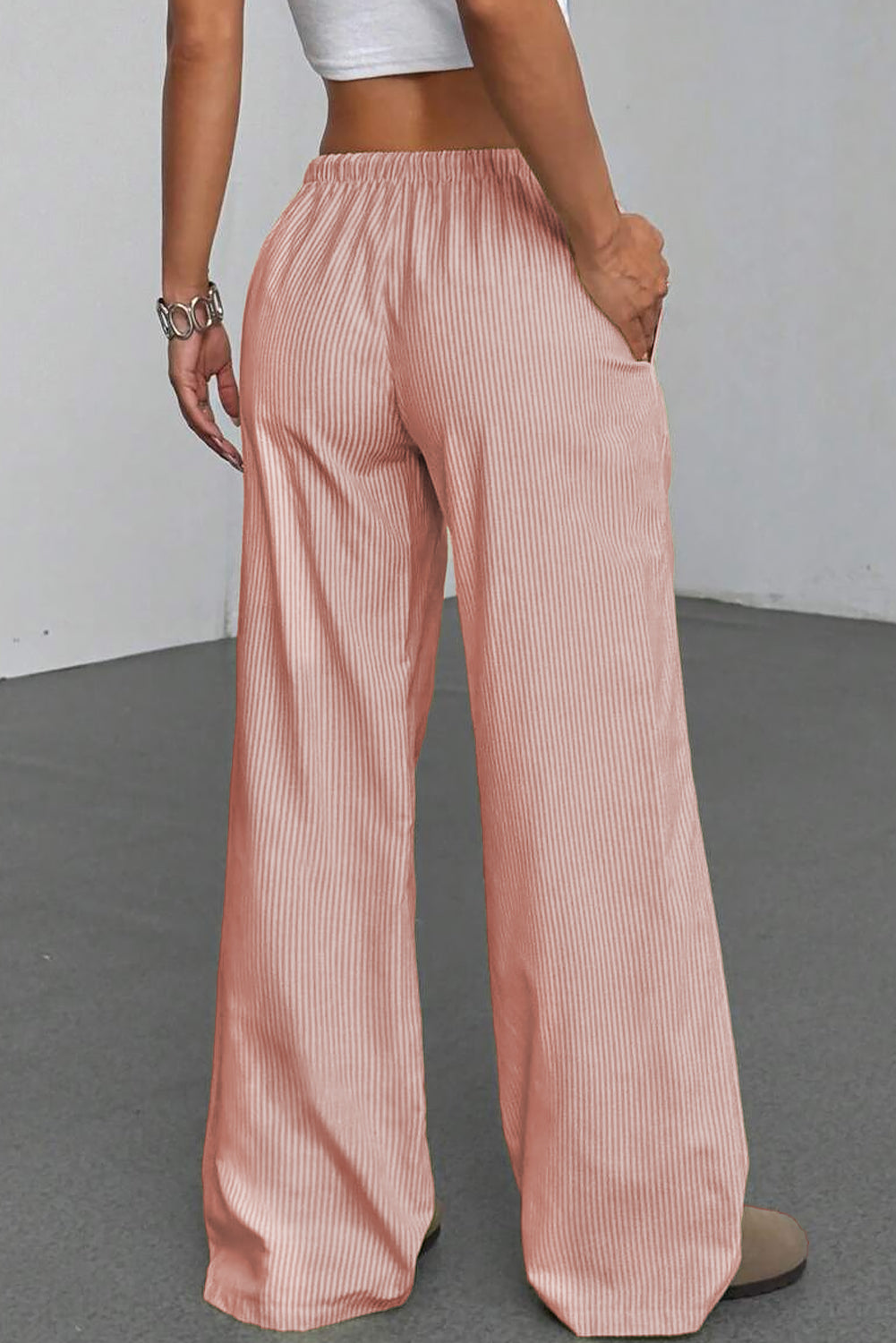 Pink Stripe Drawstring Plus Size Loose Pants- Women