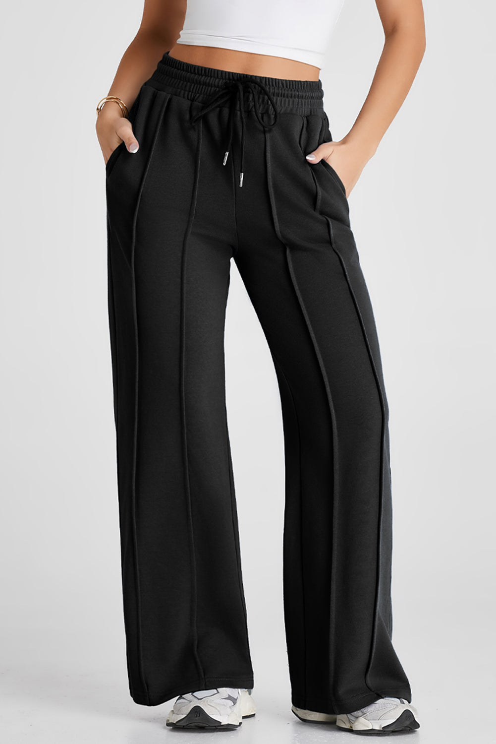 Black Seamed Drawstring High Waist Wide Leg Sweatpants- Women