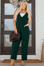 Evergreen Corduroy V Neck Patched Pocket Sleeveless Jumpsuit- Women Evergreen 100%Polyester