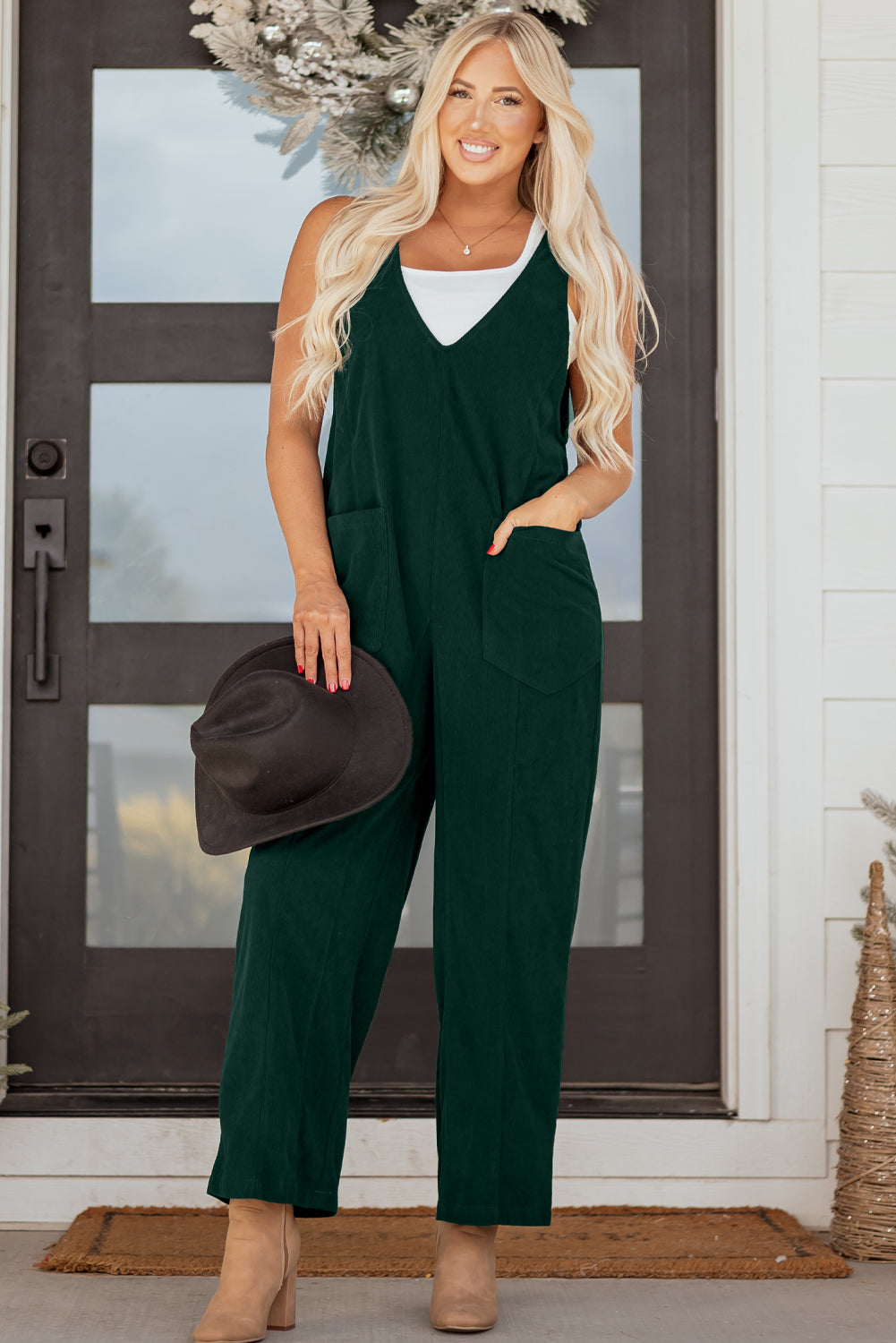 Evergreen Corduroy V Neck Patched Pocket Sleeveless Jumpsuit- Women Evergreen 100%Polyester