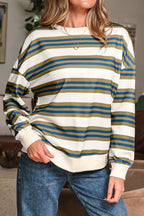Khaki Stripe Crew Neck Drop Shoulder Pullover Sweatshirt- Women