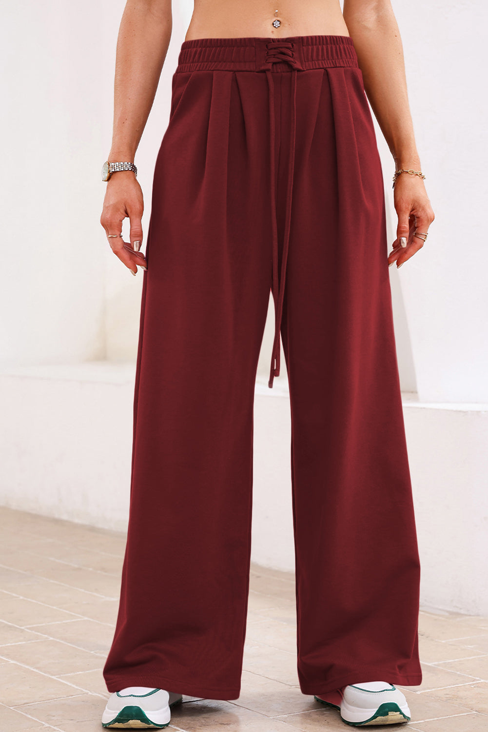 Burgundy Tied Elastic High Waist Pleated Detail Solid Sweatpants- Women