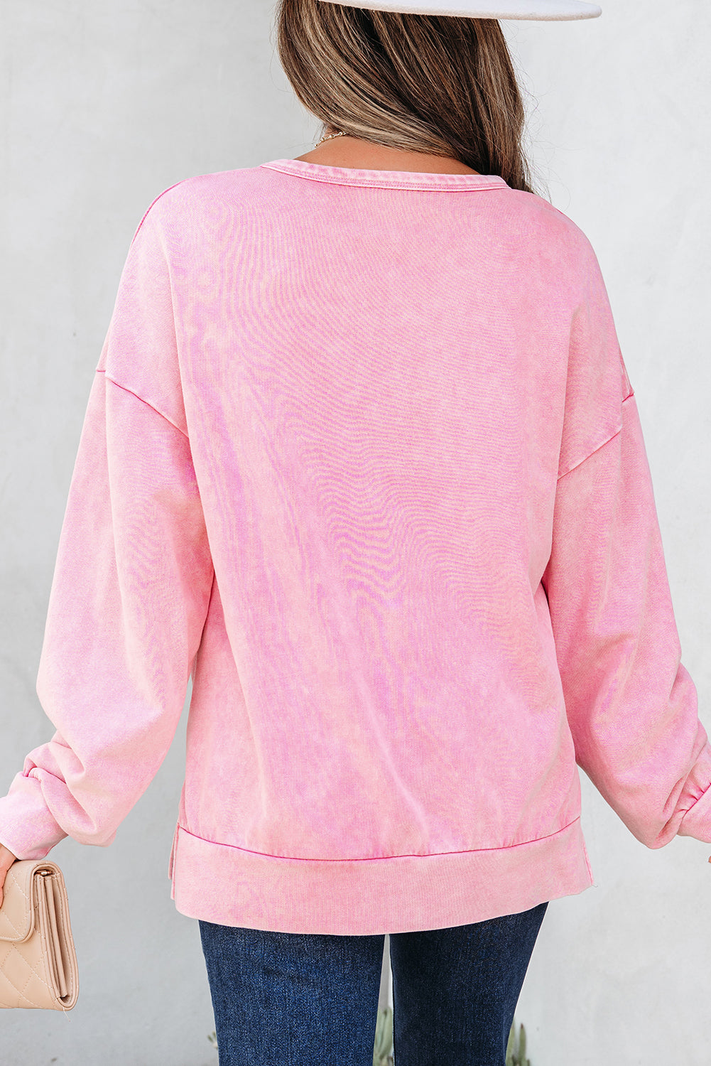 Bright Pink Mineral Wash Big Bow Patchwork Pullover Sweatshirt- Women