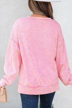 Bright Pink Mineral Wash Big Bow Patchwork Pullover Sweatshirt- Women