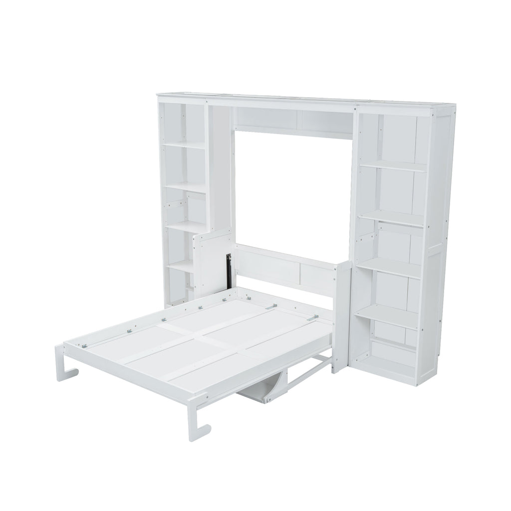White Full Size Murphy Bed with Desk and Bookshelf, Pine Wood+MDF, 110.3''L x 79.8''W x 82''H