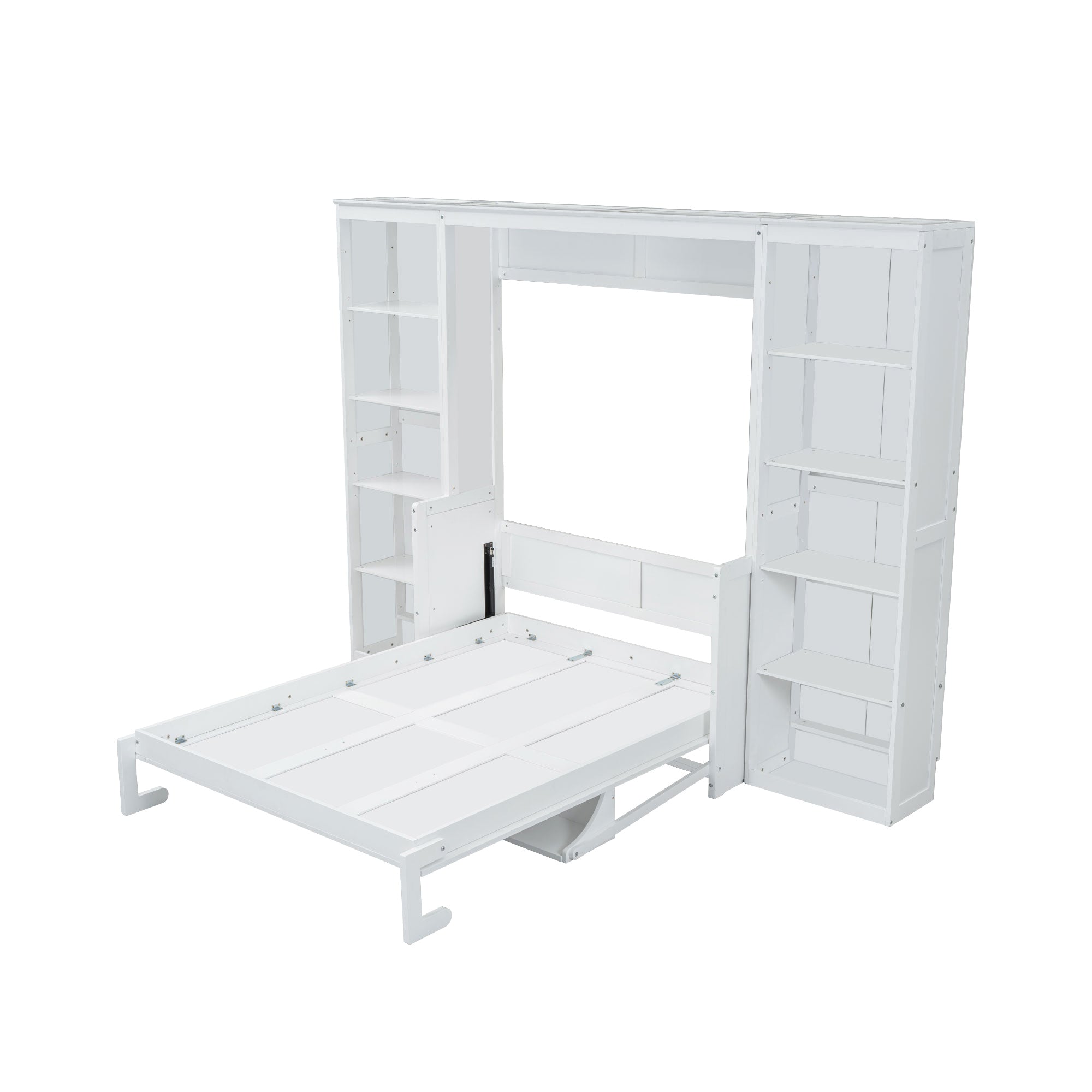 White Full Size Murphy Bed with Desk and Bookshelf, Pine Wood+MDF, 110.3''L x 79.8''W x 82''H