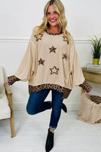 Beige Contrast Leopard Star Patchwork Detail Raw Seam Baggy Sweatshirt- Women
