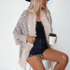 Women's Leopard Poncho With Faux Fur Collar - Fringe Hem Long Sleeve Open Front Cardigan Coat