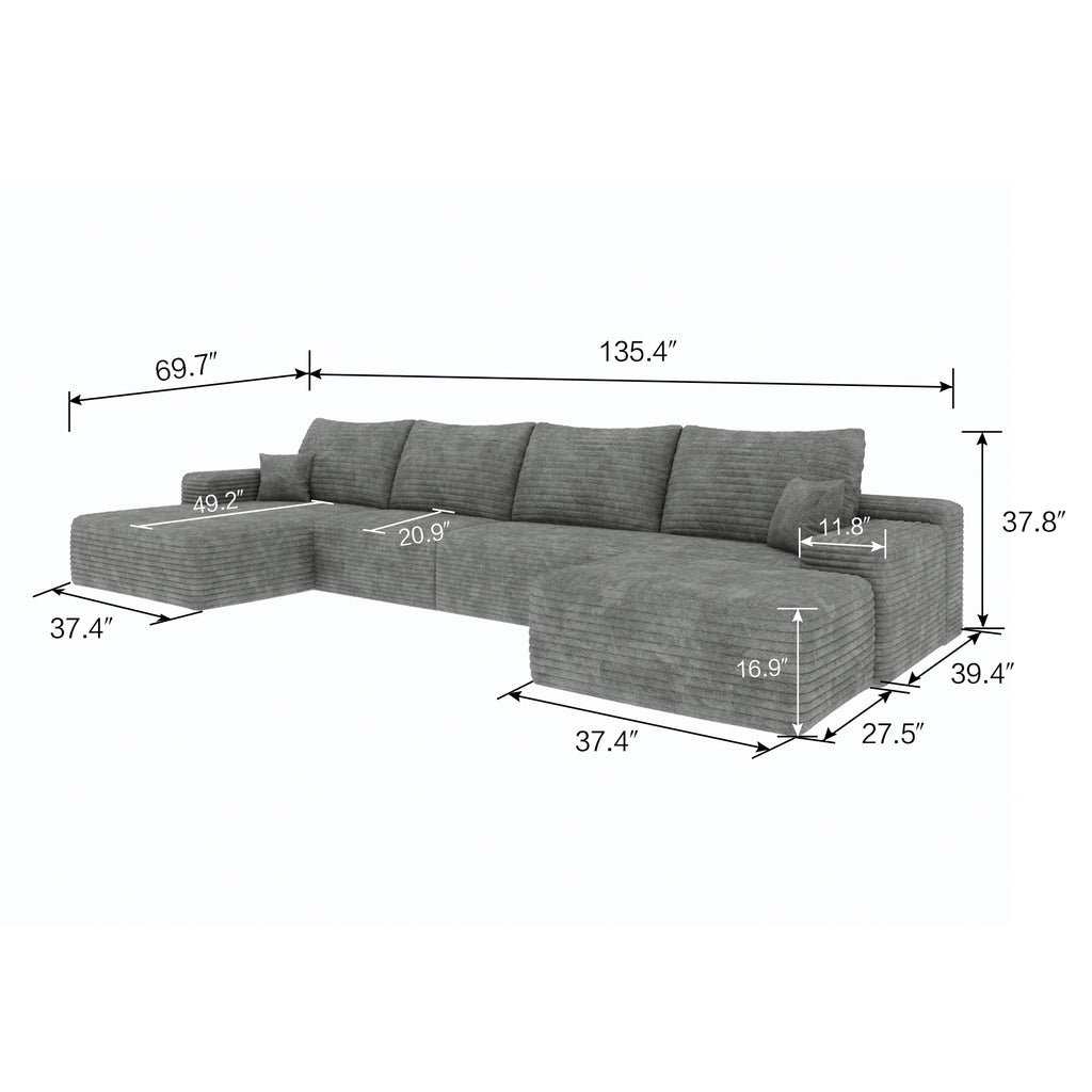 135' Cloud Sectional Sofa with 1 Ottoman,Modern Minimalist Upholstered Couches, Comfort U Shaped Sofa for Living Room,Deep Seat Corner Couch,No Assembly Required ,Grey(Plush Corduroy Fabric)