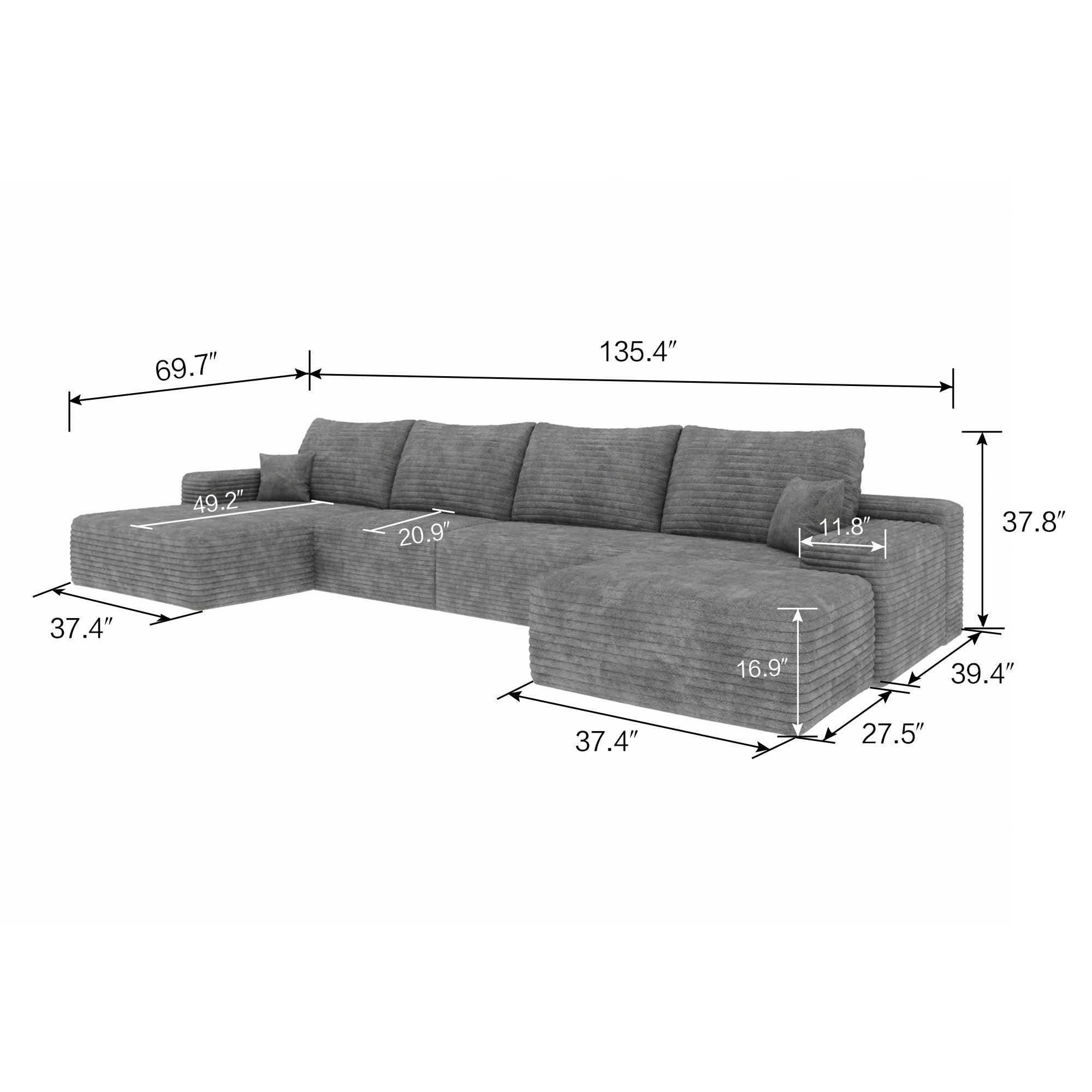 135' Cloud Sectional Sofa with 1 Ottoman,Modern Minimalist Upholstered Couches, Comfort U Shaped Sofa for Living Room,Deep Seat Corner Couch,No Assembly Required ,Grey(Plush Corduroy Fabric)