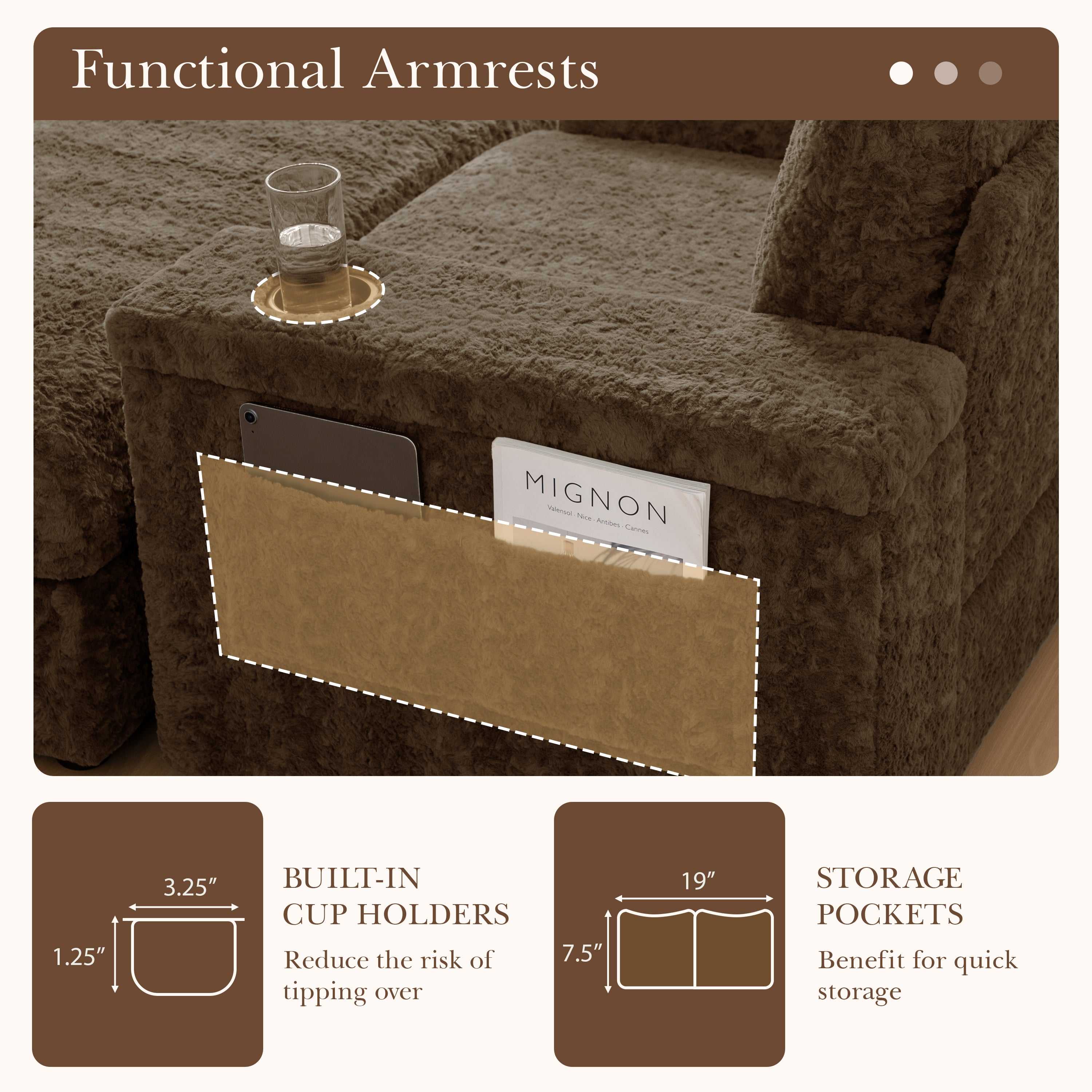 Oversized Chaise Lounge Indoor Faux Rabbit Fur Sofa Bed with Storage Ottoman and Armrests, Cup Holders, 42' Upholstered Sleeper Chair, 4 Colors