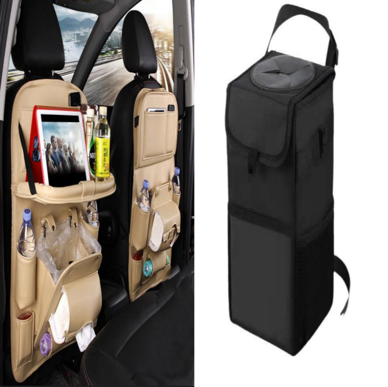 PU Leather Car Storage Bag Multifunction Seat Back Tray Hanging Bag Waterproof Car Organizer Automotive Interior Accessories Beige set1