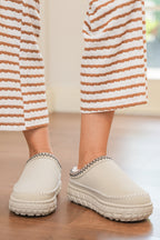 White Contrast Stitch Detail Faux Suede PU Patchwork Plush Winter Clog Slippers- Women