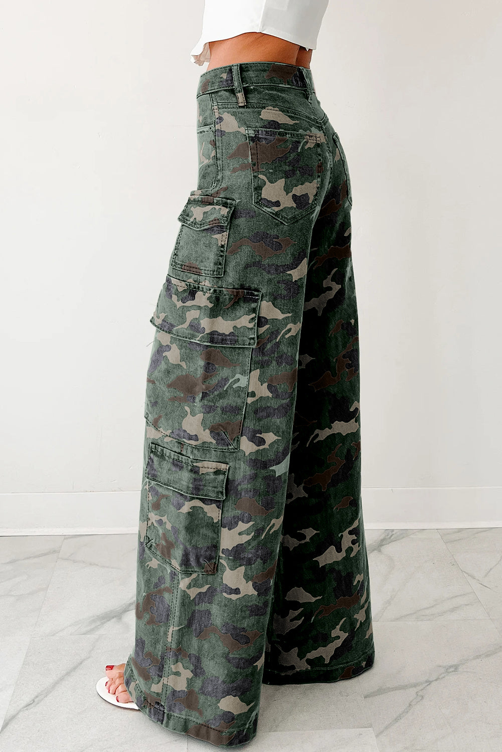 Green Camo Denim Cargo Wide Leg Pants- Women