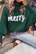 Blackish Green Merry Letter Embroidered High Neck Sweater- Women Blackish Green 100%Acrylic