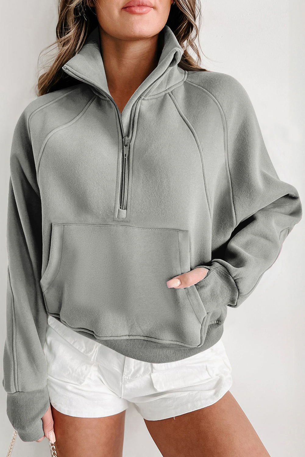 Gray Fleece Lined Zip Up Stand Collar Thumbhole Sleeve Sweatshirt- Women