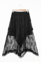 Black Lace Cascading Tiered High Waist Maxi Skirt- Women