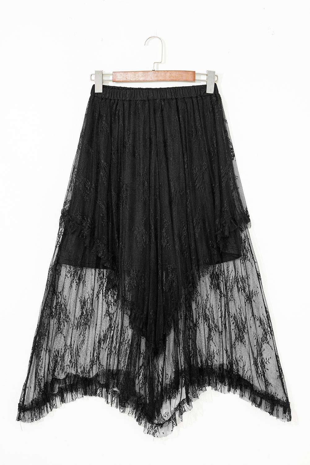 Black Lace Cascading Tiered High Waist Maxi Skirt- Women