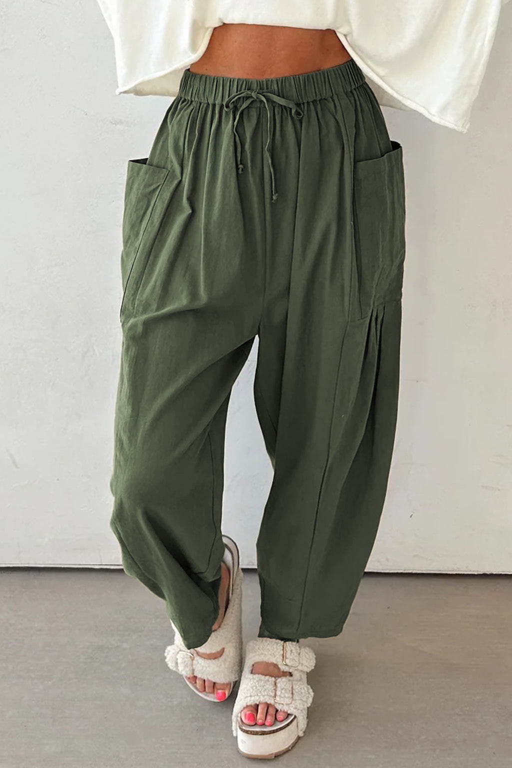 Jungle Green Drawstring Elastic Waist Patch Pocket Barrel Leg Casual Pants- Women