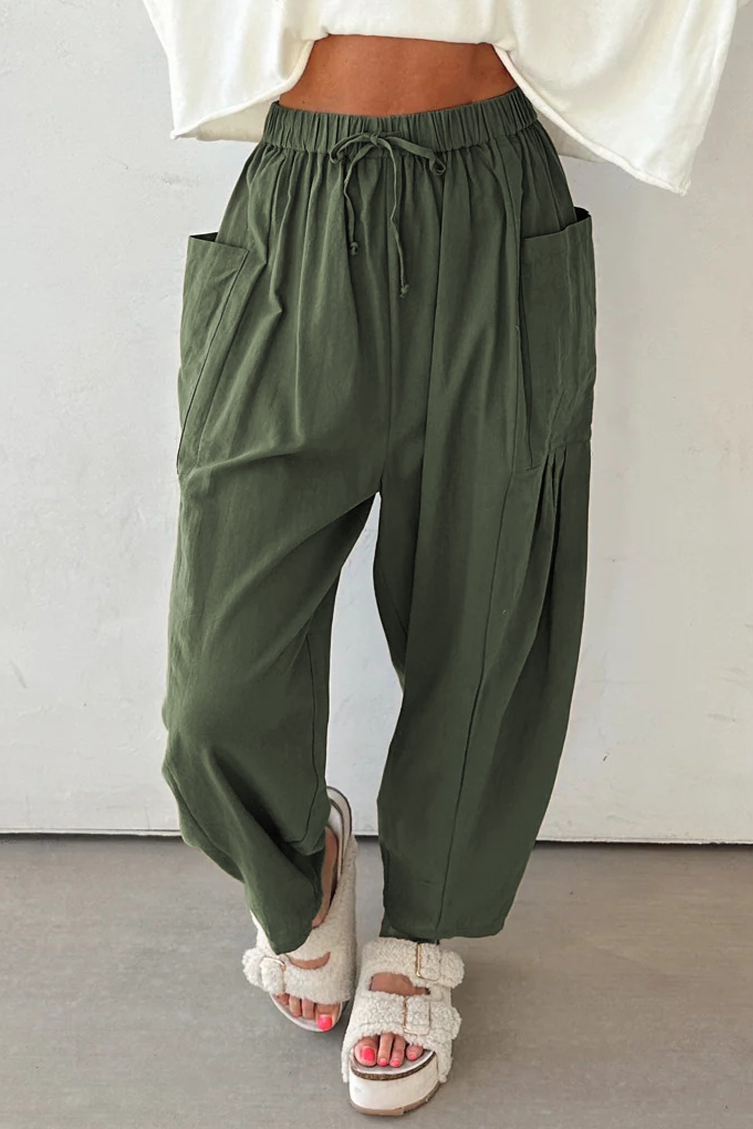Jungle Green Drawstring Elastic Waist Patch Pocket Barrel Leg Casual Pants- Women