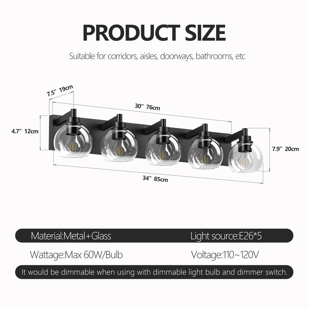 Bathroom Light Fixtures Over Mirror 5-Lights Bathroom Vanity Light with Clear Globe Glass Shade Modern Black Vanity Light Wall Sconce Vanity Lighting for Bath(Bulbs Not Included)