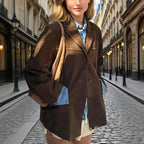 Women's Suede-Look Blazer Jacket, Classic V-Notch Lapel Button Front Coat, Machine Washable Versatile Casual Jacket