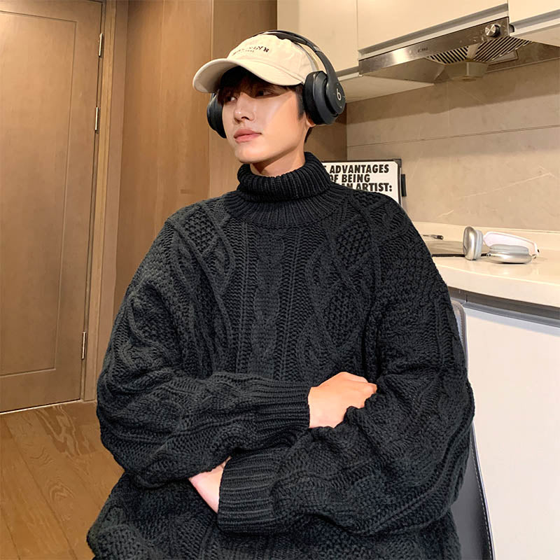 Japanese-style Retro Green Jacquard Turtleneck Men Sweater Black