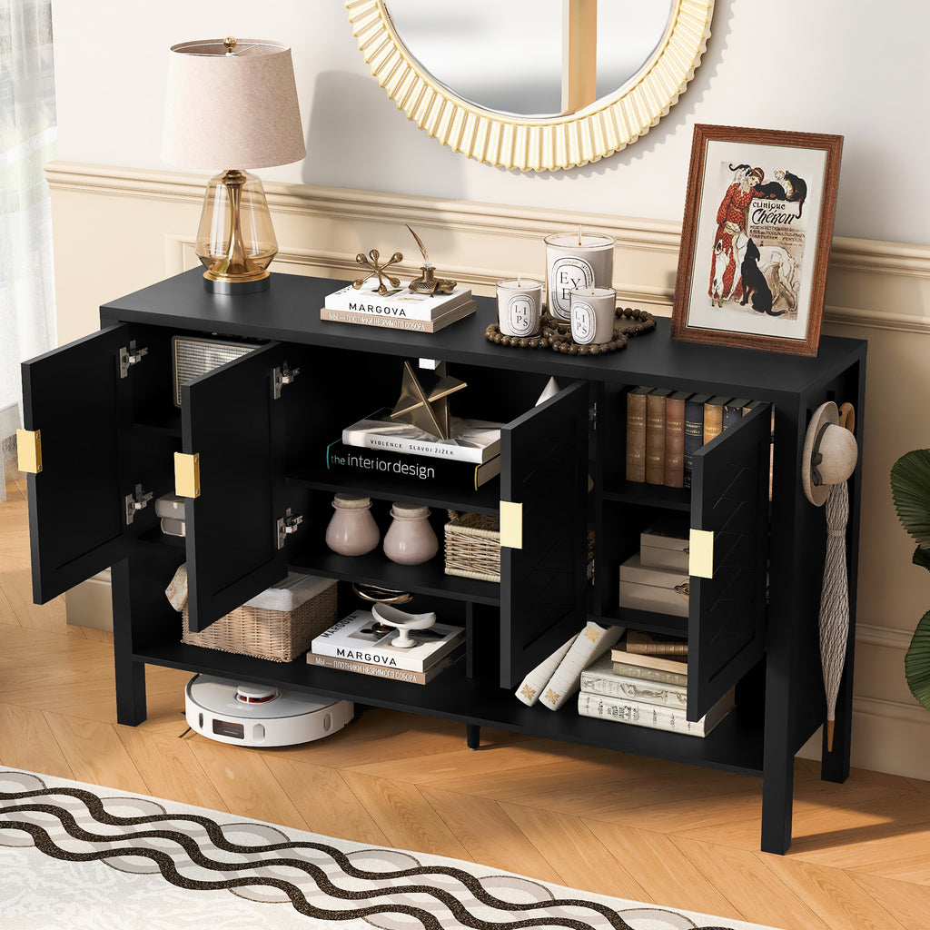 U_STYLE 55.1''Storage Sideboard with 4-Doors,Multi Functional Buffet with Open Shelf and 2-Tiers Adjustable Shelves,Modern Cabinet with Double Hooks,Suitable for Living Room, Hallway, Dining,Office.
