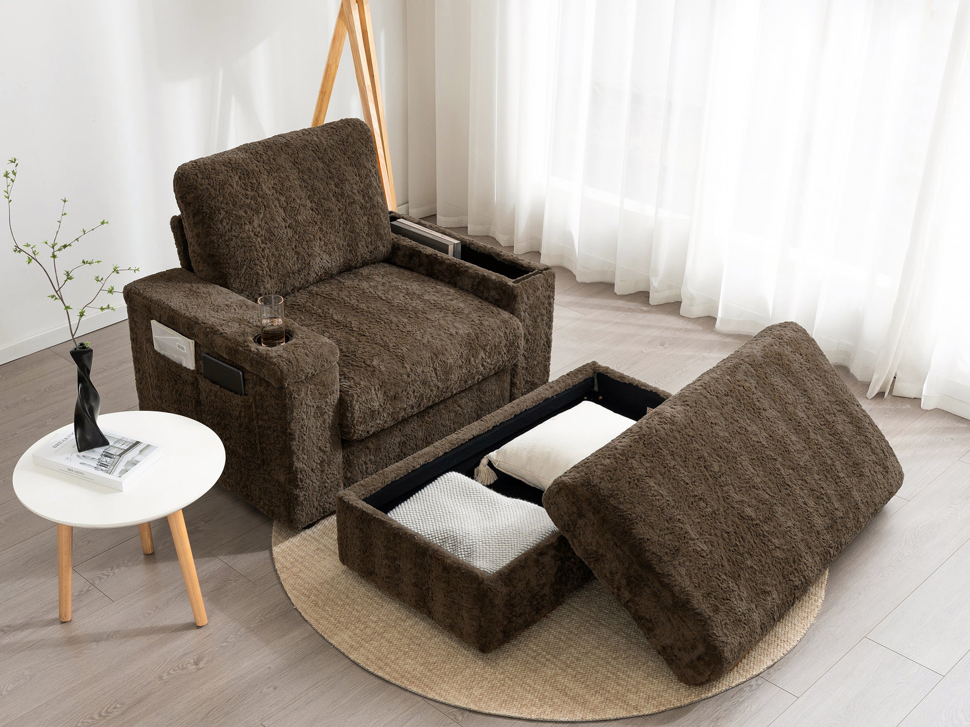 Oversized Chaise Lounge Indoor Faux Rabbit Fur Sofa Bed with Storage Ottoman and Armrests, Cup Holders, 42' Upholstered Sleeper Chair, 4 Colors