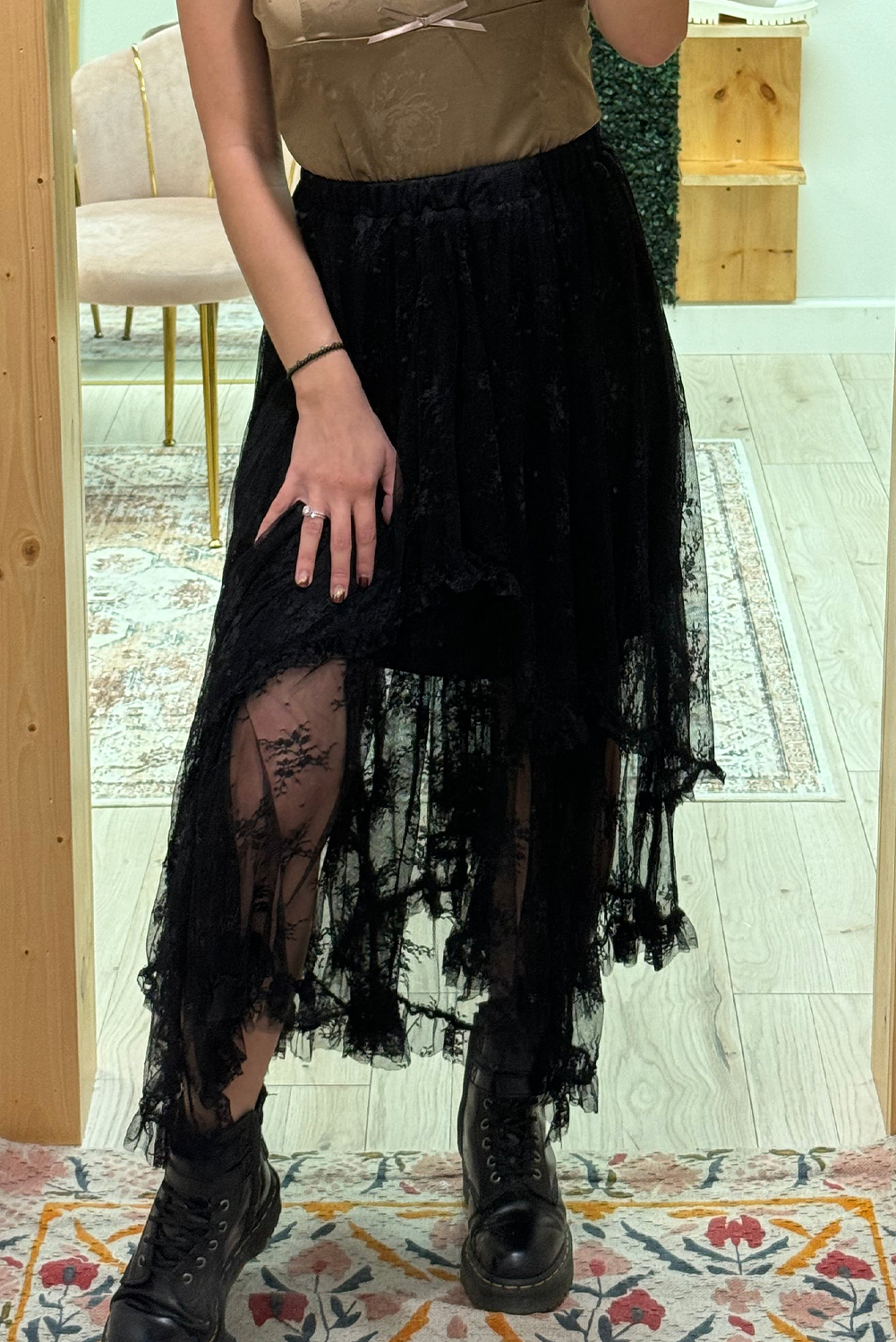 Black Lace Cascading Tiered High Waist Maxi Skirt- Women Black 90%Polyamide+10%Elastane