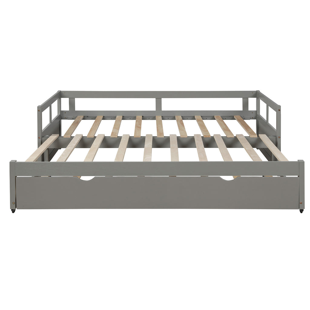 Contemporary Wooden Daybed with Trundle, Space-Saving Gray Twin to King Size Bed
