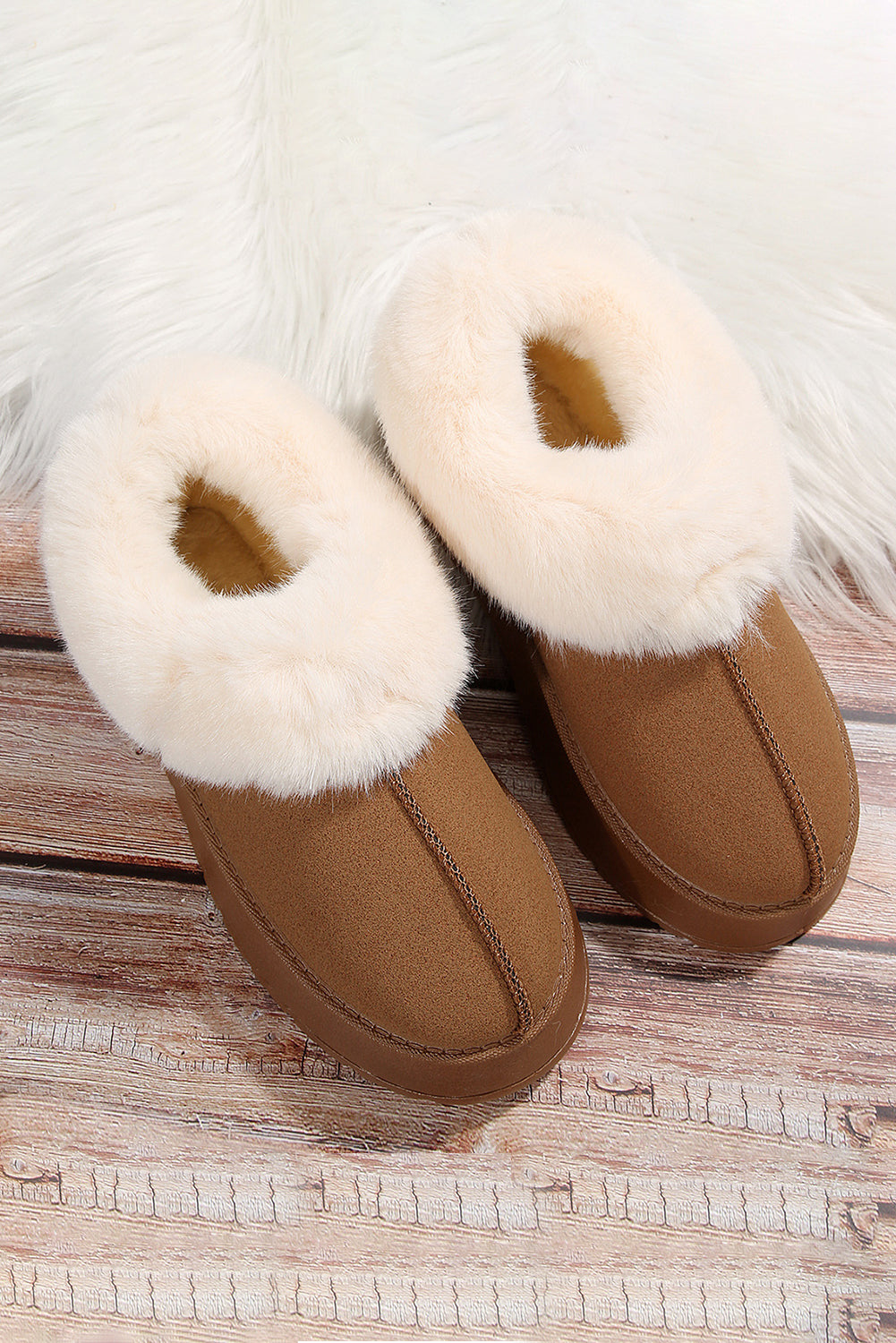 Chestnut Plush Suede Trim Thick Sole Flat Snow Boots- Women