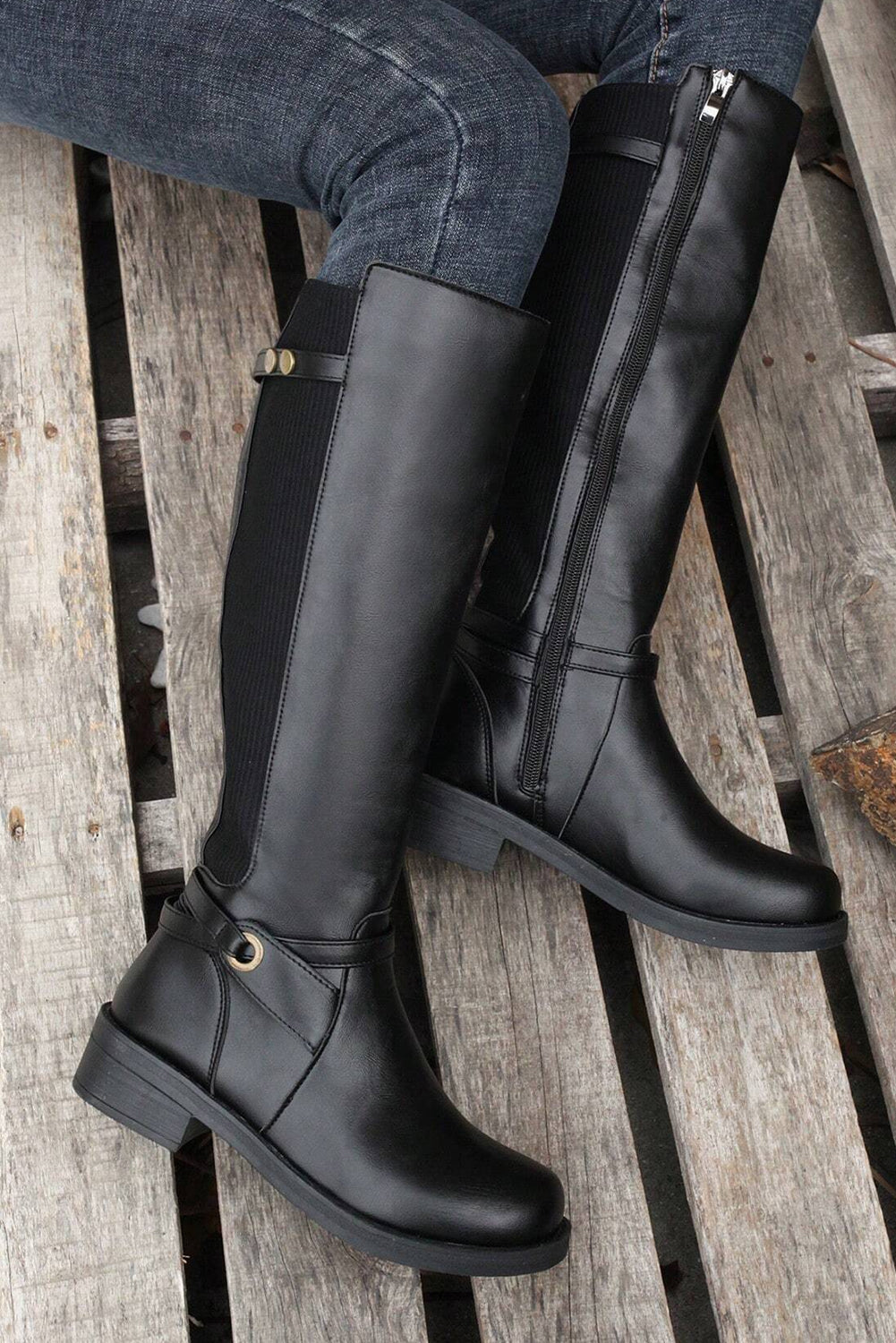 Black Side Zipper Knee High Chunky Low Heel Boots- Women